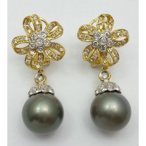 18K Multi Color Gold Tahitian Pearl & Diamond Dangle Drop French Clip Earrings
